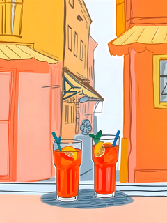 Illustration von zwei Aperol Spritz vor einer italienischen Stadtlandschaft.