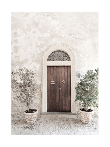 Fotografie einer braunen Holztür in einem Steingebäude mit zwei Pflanzen auf jeder Seite.