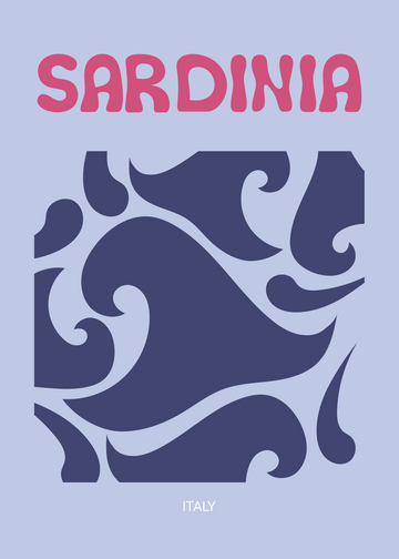 Grafische Illustration mit wellenförmigem Muster in Dunkelblau auf Hellblau mit dem Text "Sardinia" oben und "Italy" unten.