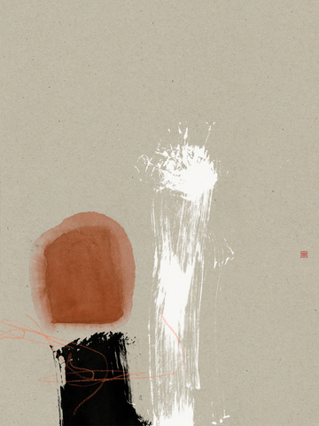 Abstraktes Poster mit braunem und schwarzem Kreis, weißen Strichen auf beigem Hintergrund.