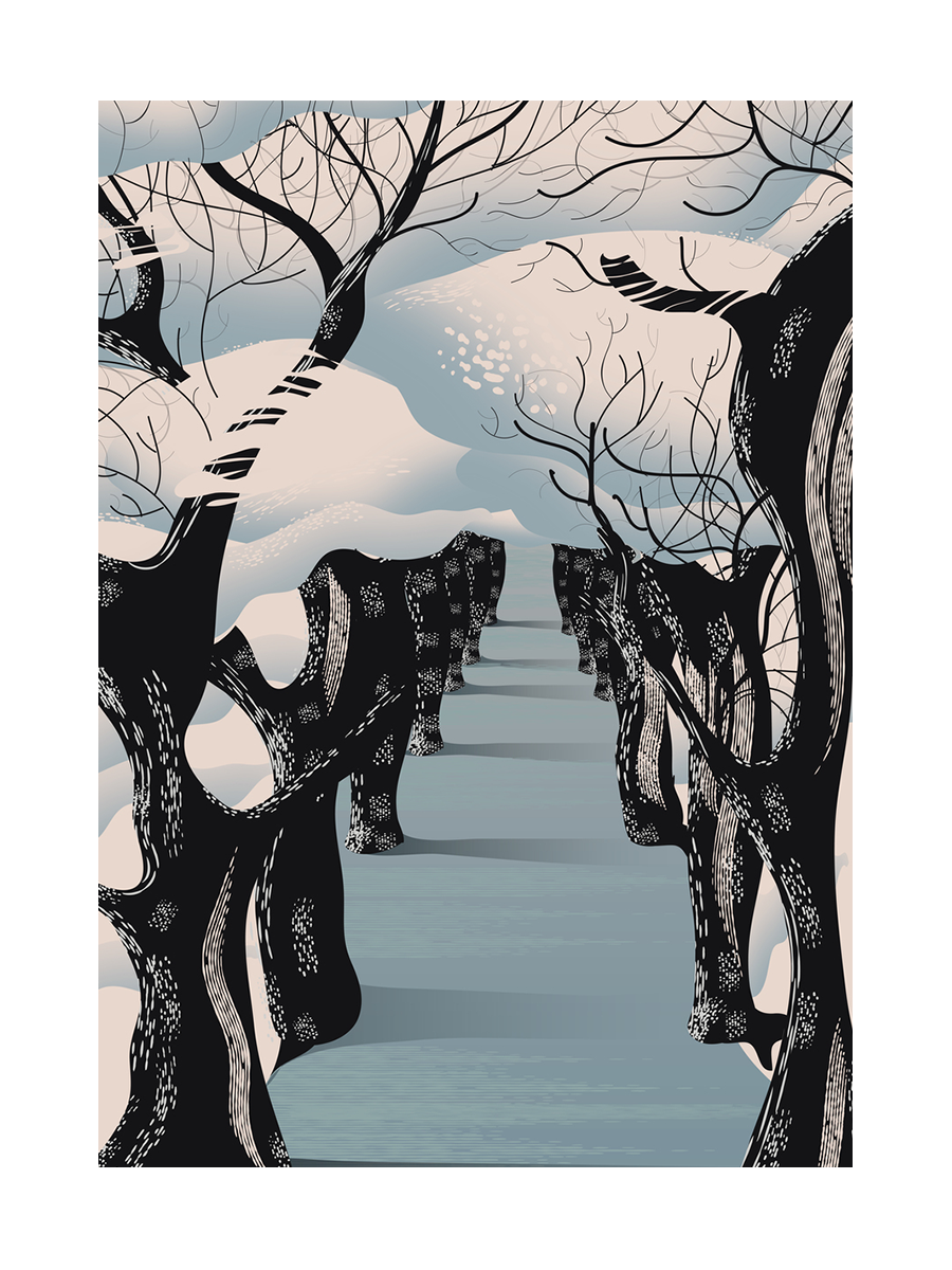Illustration einer Winterlandschaft mit zugefrorenem See und kahlen Bäumen in Schwarz, Blau und Weiß.
