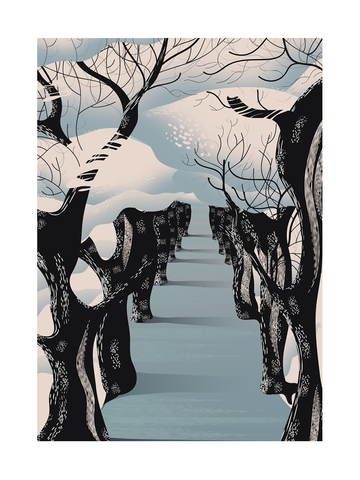 Illustration einer Winterlandschaft mit zugefrorenem See und kahlen Bäumen in Schwarz, Blau und Weiß.