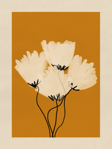 Illustration von weißen Blumen mit schwarzen Stängeln vor einem orangefarbenen Hintergrund mit beigem Rand.