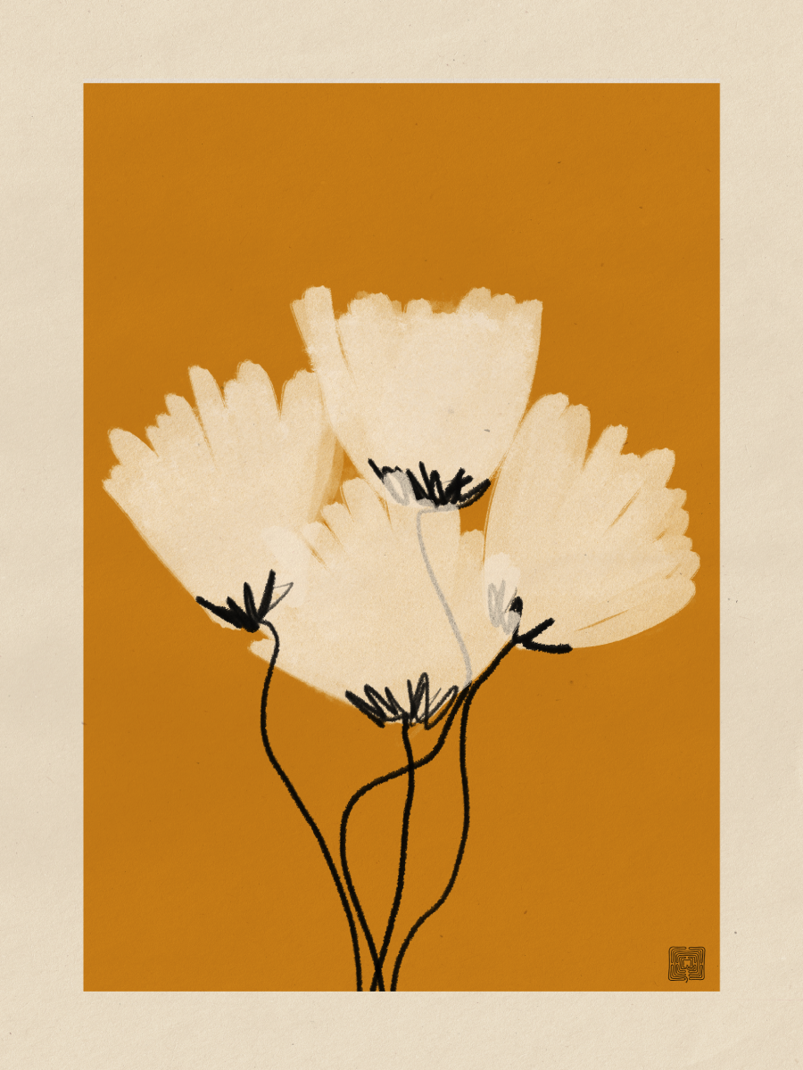 Illustration von weißen Blumen mit schwarzen Stängeln vor einem orangefarbenen Hintergrund mit beigem Rand.