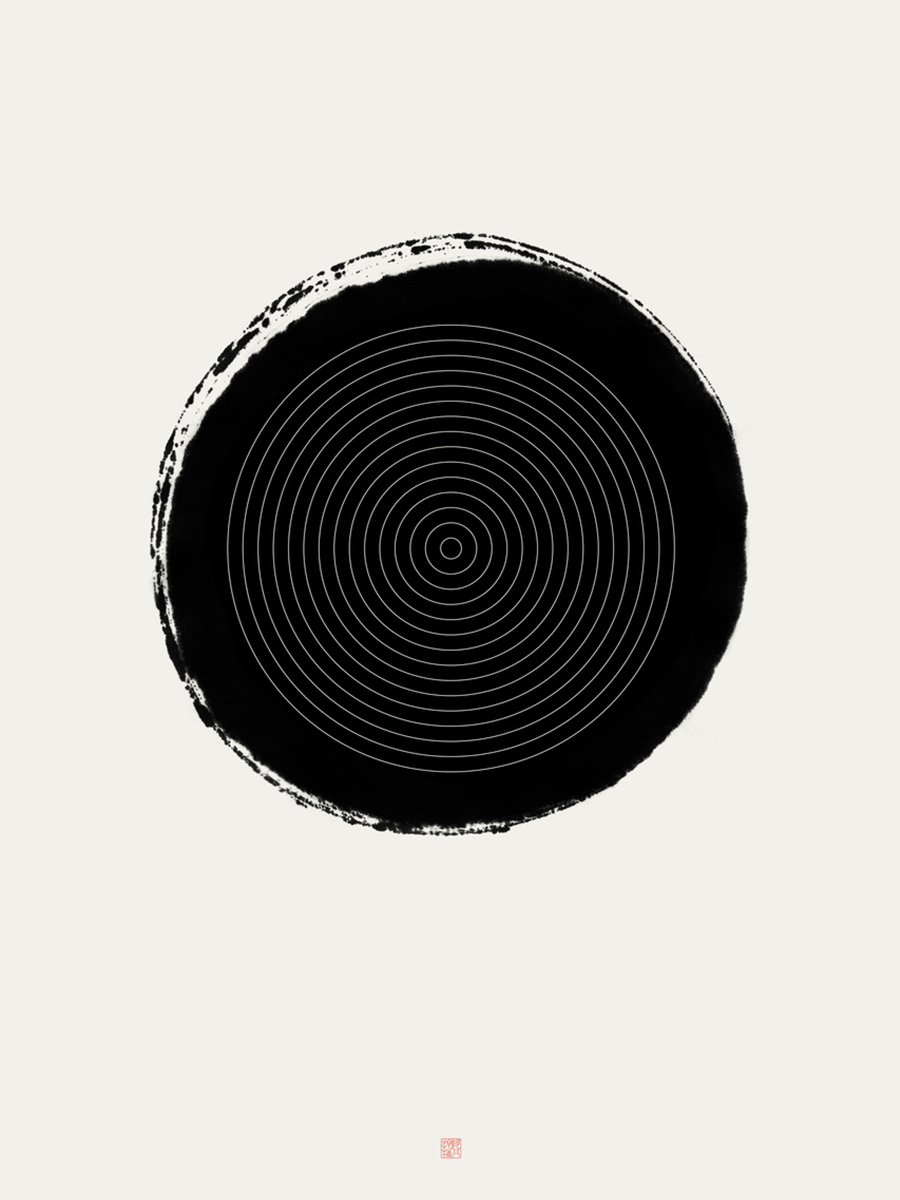 Poster mit einem großen schwarzen Kreis und weißen konzentrischen Kreisen auf grauem Hintergrund.
