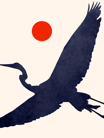Illustration eines fliegenden Kranichs vor einem roten Kreis auf beigem Hintergrund.
