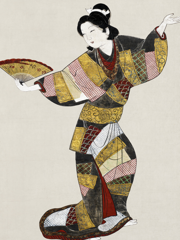 Frau in traditionellem japanischen Kimono mit Fächer vor beigem Hintergrund.