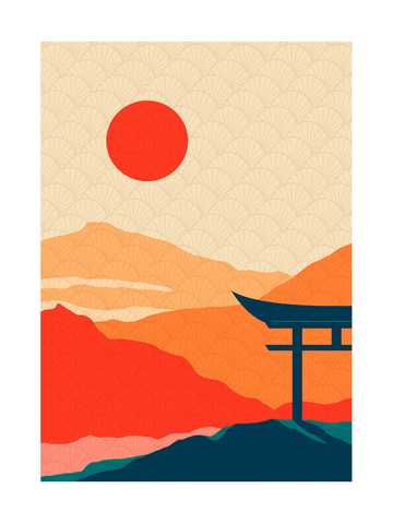 Grafische Illustration eines roten Sonnenuntergangs mit einer Torii und einer orangefarbenen Berglandschaft.