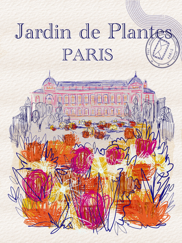 Illustration des Jardin de Plantes in Paris mit bunten Blumen und einem Poststempel.