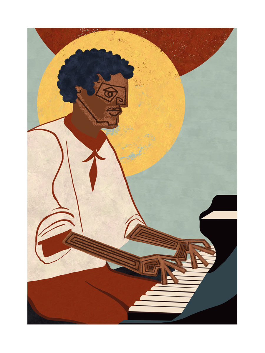 Illustration eines Jazz-Pianisten in einem weißen Hemd, der Klavier spielt, vor einem orange-gelben Hintergrund.