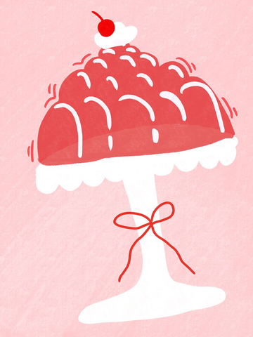 Illustration eines roten Gelees auf einem weißen Teller mit rotem Band vor rosa Hintergrund.