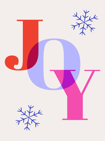 Bunte Buchstaben, die "Joy" buchstabieren, mit blauen Schneeflocken auf hellgrauem Hintergrund.