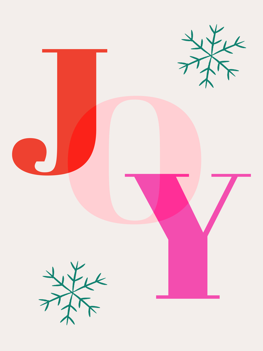 Poster mit dem Wort "Joy" in Rot und Pink, umgeben von grünen Schneeflocken auf hellbeigem Hintergrund.