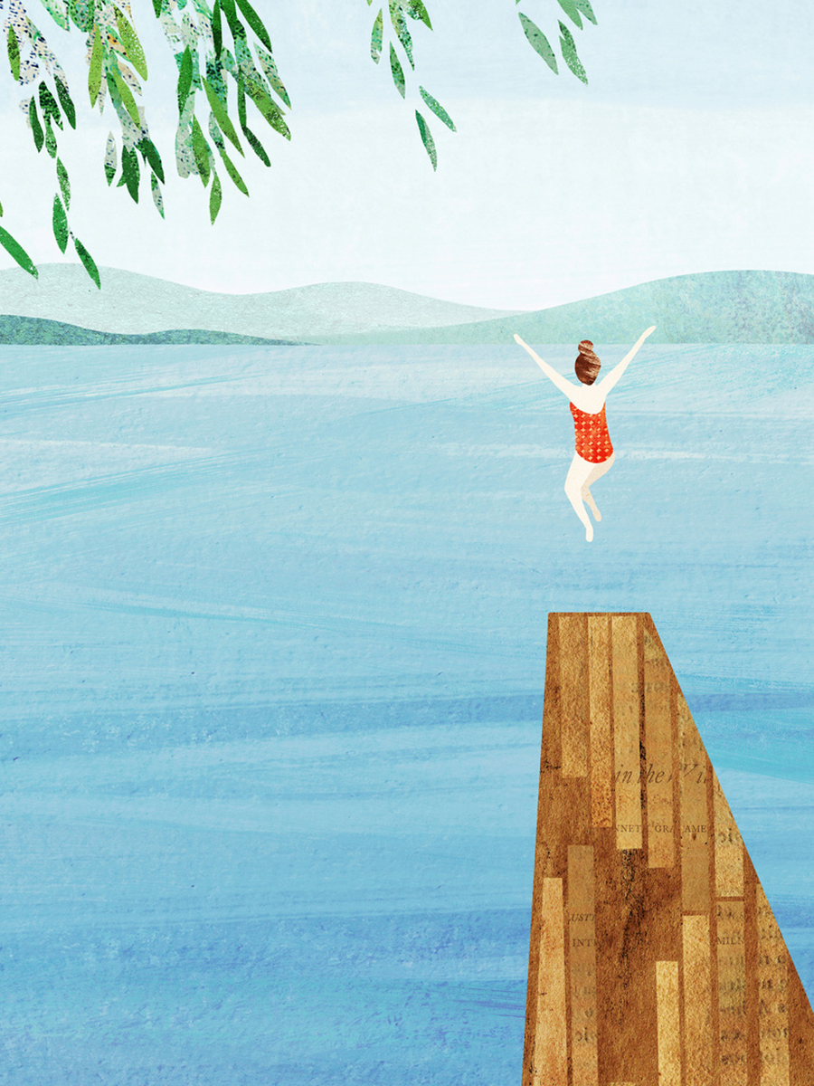 Illustration einer Frau, die von einem Holzsteg in einen See springt, mit grünen Blättern und Hügeln im Hintergrund.
