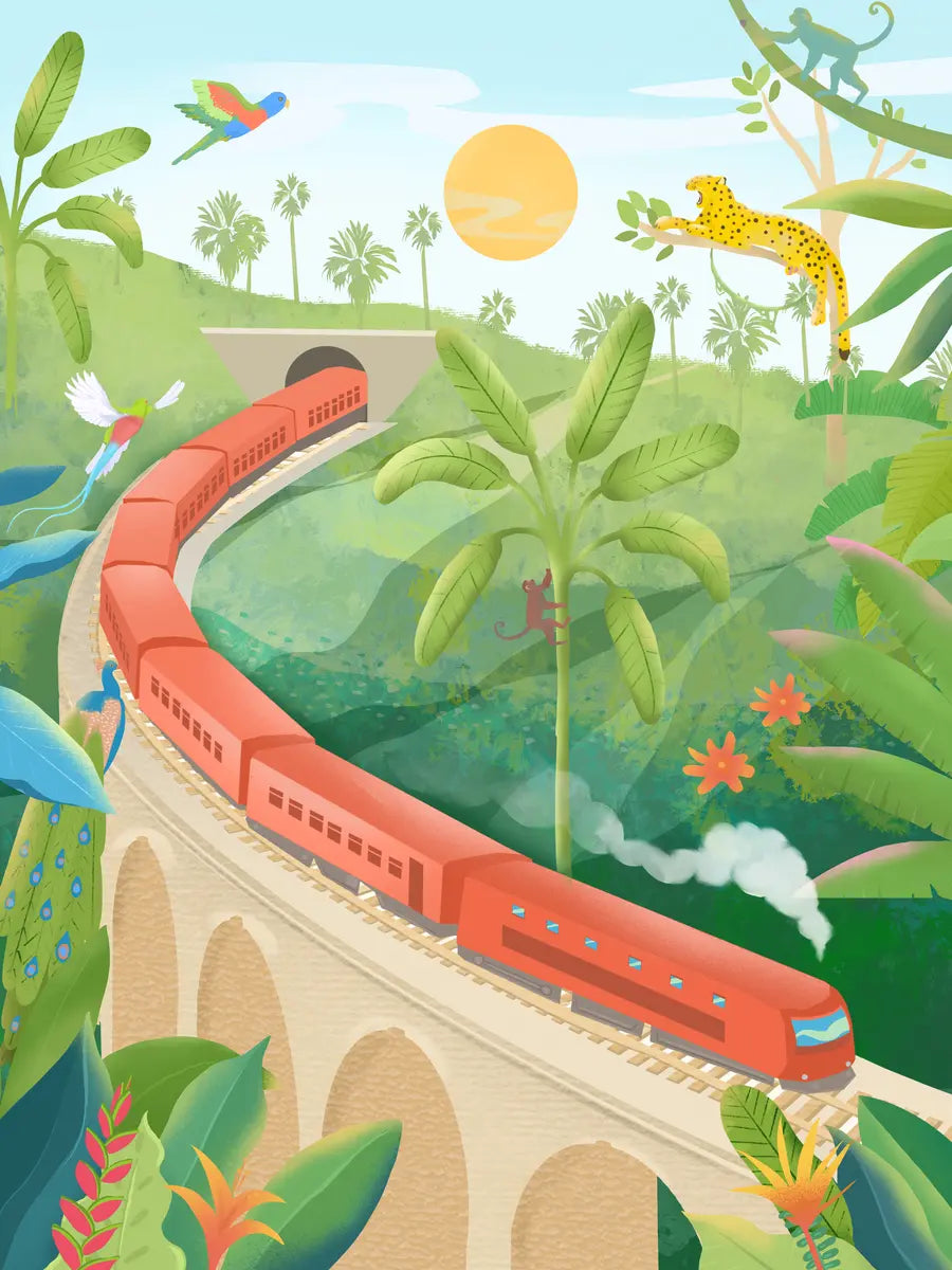 Jungle Train Illustration Poster