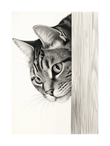 Illustration einer Katze, die um die Ecke eines Holzbalkens schaut.