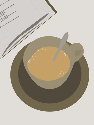 Grafik eines Buches und einer Tasse Kaffee auf einem hellbeigen Hintergrund.
