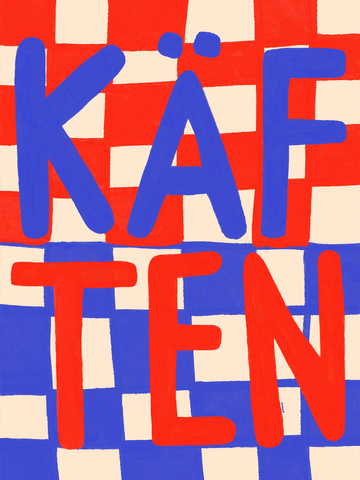 Poster mit dem Wort "Käften" in großen Buchstaben vor einem rot-blau karierten Hintergrund.
