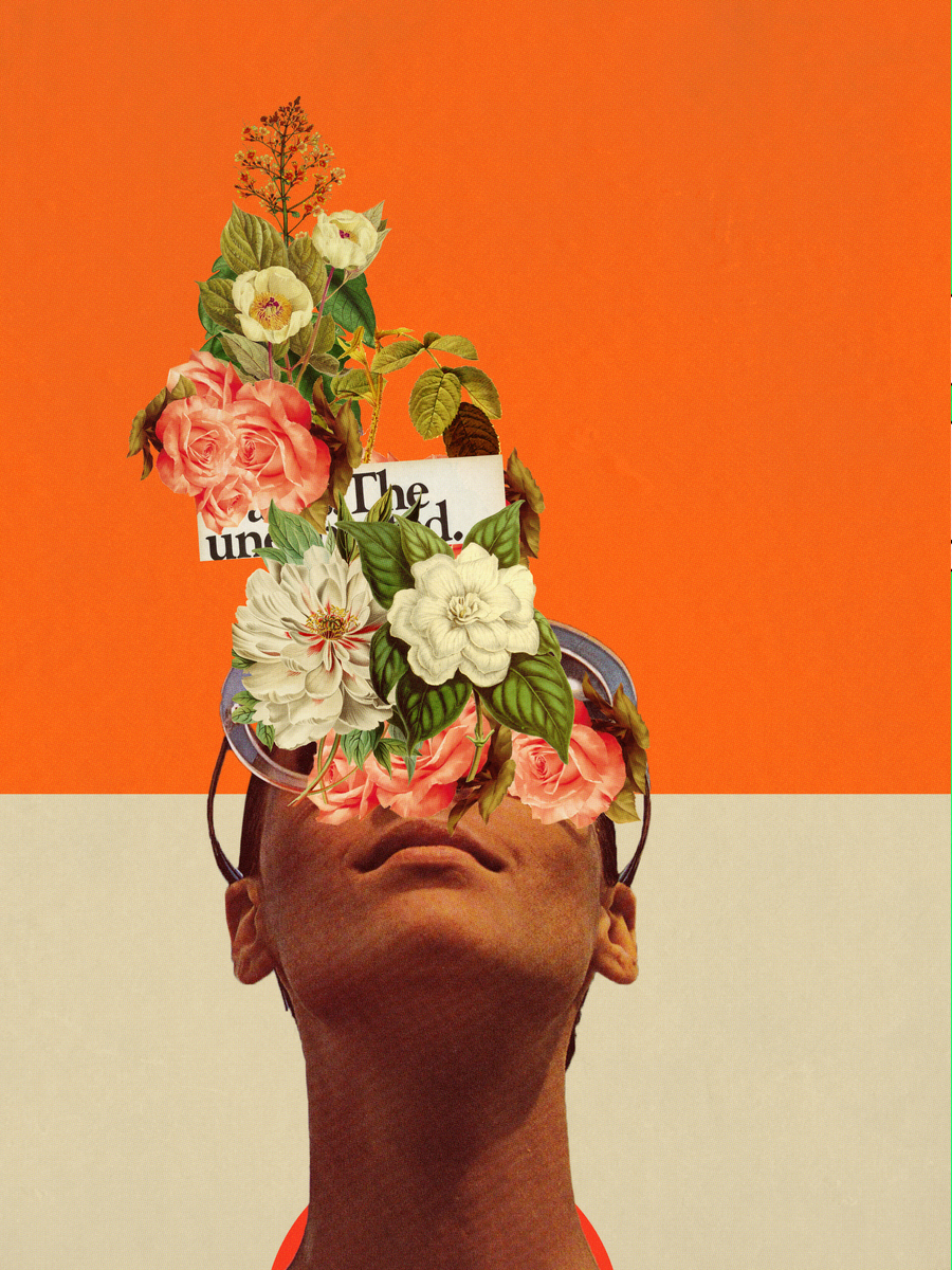 Grafikposter mit einem Mann in einem roten Hemd, aus dessen Kopf bunte Blumen blühen, vor einem orange-beigen Hintergrund.