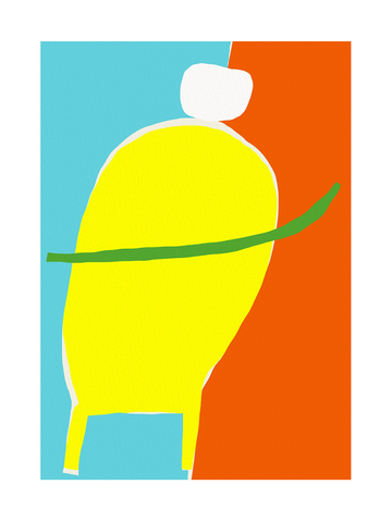 Abstrakte Illustration einer gelben Figur mit weißem Kopf und grünem Gürtel auf blau-orangefarbenem Hintergrund.