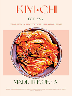 Ein Poster mit einer Schale Kimchi und dem Text "Made in Korea" in Rot und Grün.