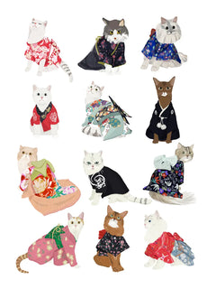Illustration von Katzen in bunten Kimonos.