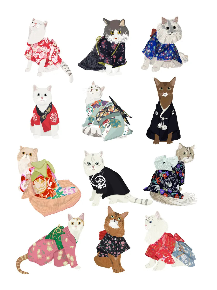 Illustration von Katzen in bunten Kimonos.