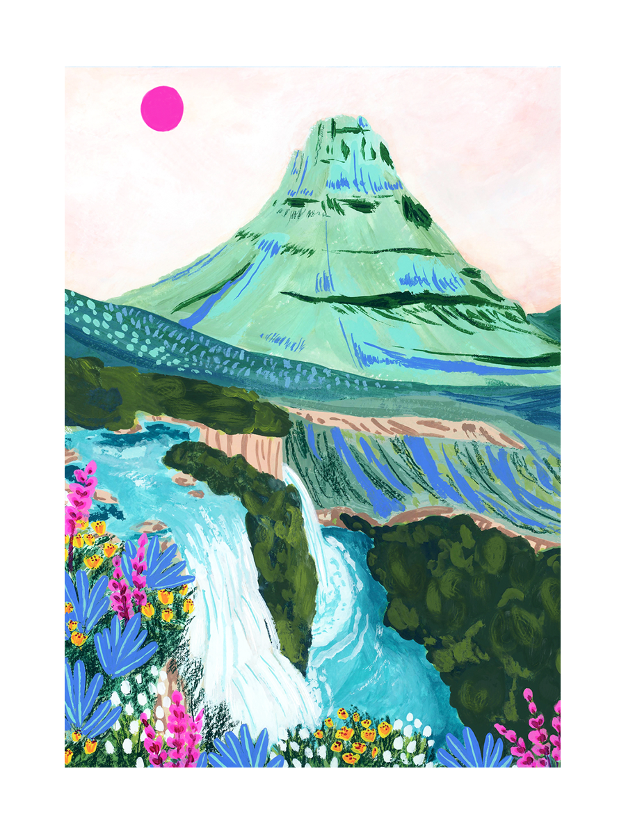 Illustration des Berges Kirkjufell mit Wasserfall und bunten Blumen.