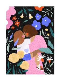 Illustration einer Mutter, die ihr Kind umarmt, umgeben von bunten Blumen auf schwarzem Hintergrund.