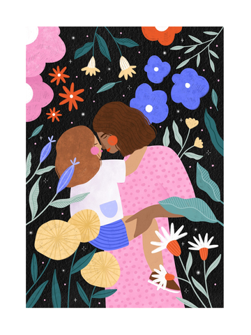 Illustration einer Mutter, die ihr Kind umarmt, umgeben von bunten Blumen auf schwarzem Hintergrund.