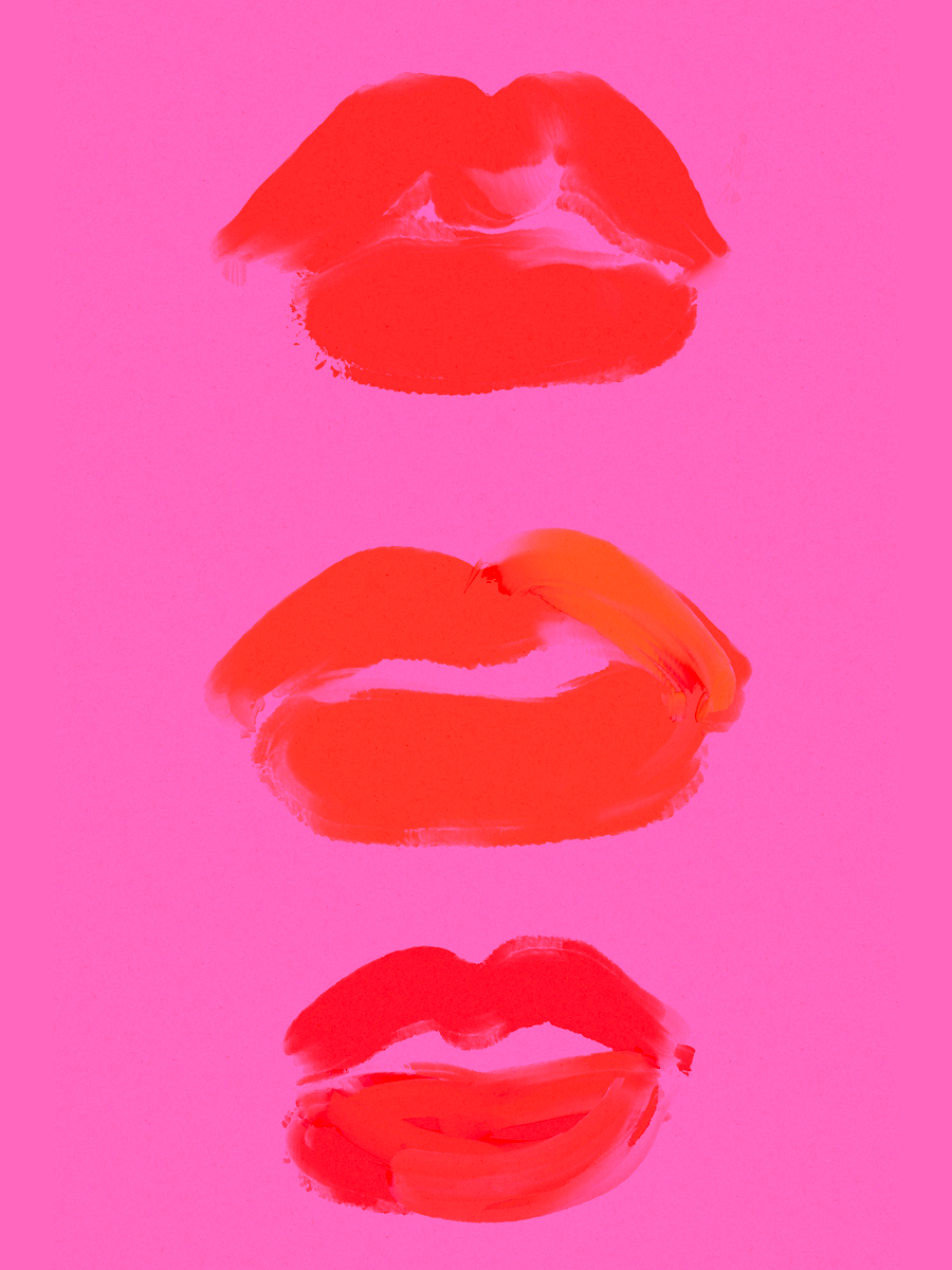 Poster mit handgemalten roten Lippen auf einem pinken Hintergrund.