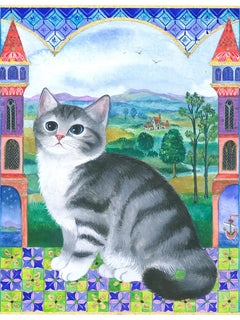 Ein Poster einer grau gestreiften Katze vor einem Märchenschloss und einer Landschaft.