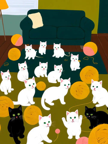 Illustration von weißen und schwarzen Kätzchen, die mit gelben und rosa Wollknäueln in einem Wohnzimmer spielen.