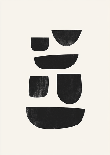 Schwarze abstrakte Formen auf beigem Hintergrund.