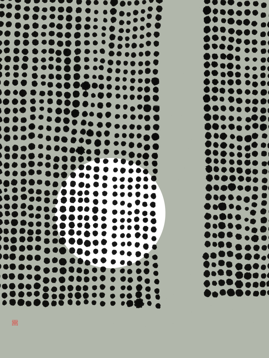 Grafische Illustration mit schwarzen Punkten und einem weißen Kreis auf grauem Hintergrund.