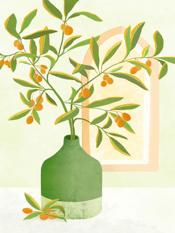 Illustration eines Kumquatbaums in einer grünen Vase vor einem Fenster.