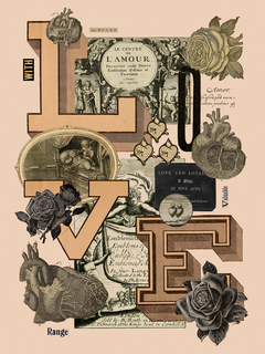 Collage mit dem Wort "LOVE" und Illustrationen von Herzen und Rosen in schwarz-beigen Tönen.