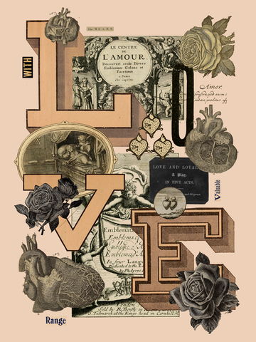 Collage mit dem Wort "LOVE" und Illustrationen von Herzen und Rosen in schwarz-beigen Tönen.