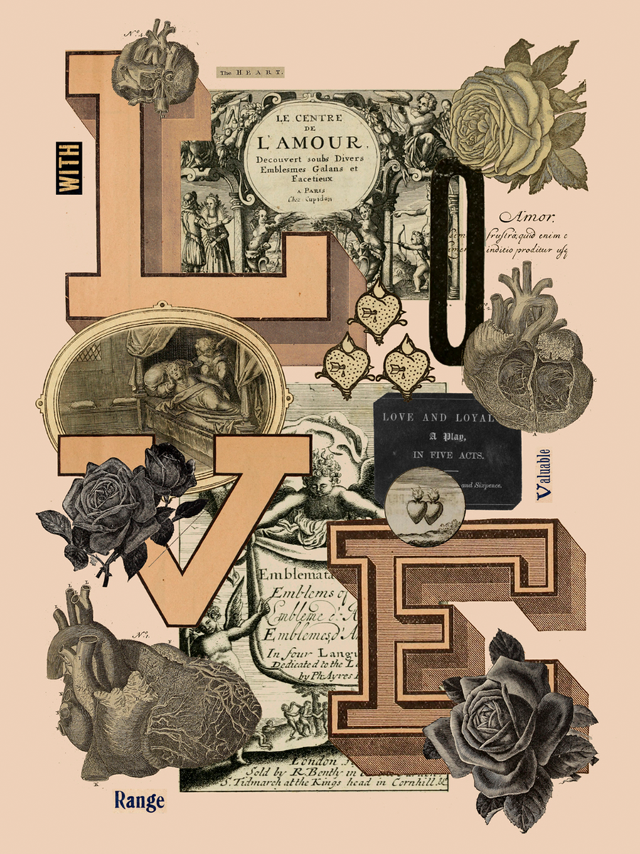 Collage mit dem Wort "LOVE" und Illustrationen von Herzen und Rosen in schwarz-beigen Tönen.