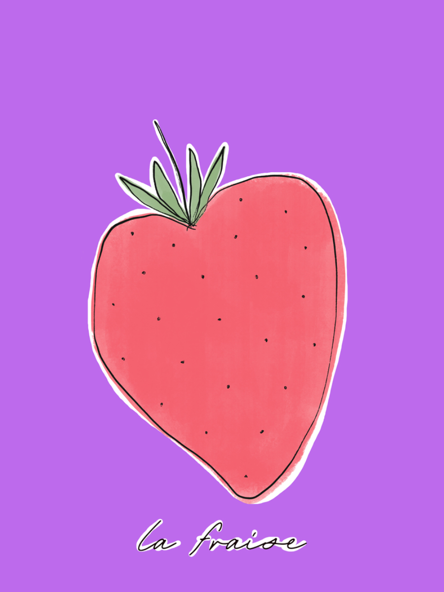 Handgezeichnete Erdbeere auf lila Hintergrund mit dem Text „La Fraise“.