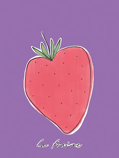 Handgezeichnete Erdbeere auf lila Hintergrund mit dem Text „La Fraise“.
