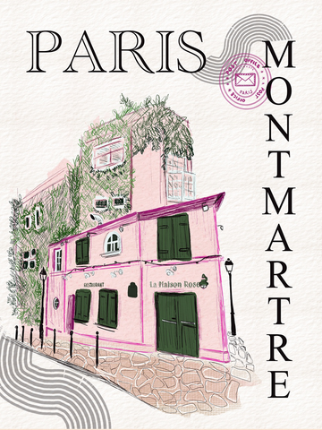 Illustration eines rosa Restaurants mit grünen Fenstern und Türen, umgeben von schwarzem Text "PARIS MONTMARTRE".