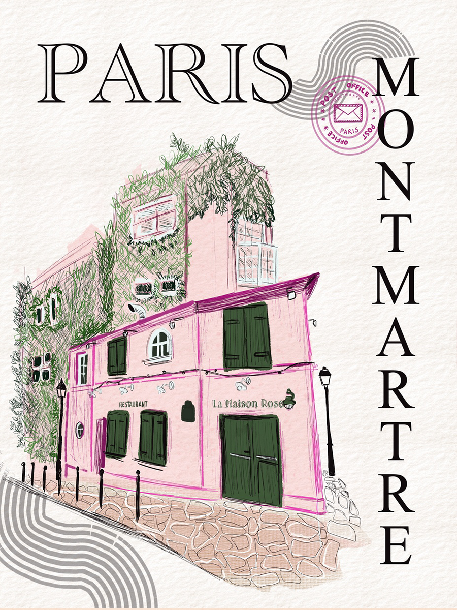 Illustration eines rosa Restaurants mit grünen Fenstern und Türen, umgeben von schwarzem Text "PARIS MONTMARTRE".