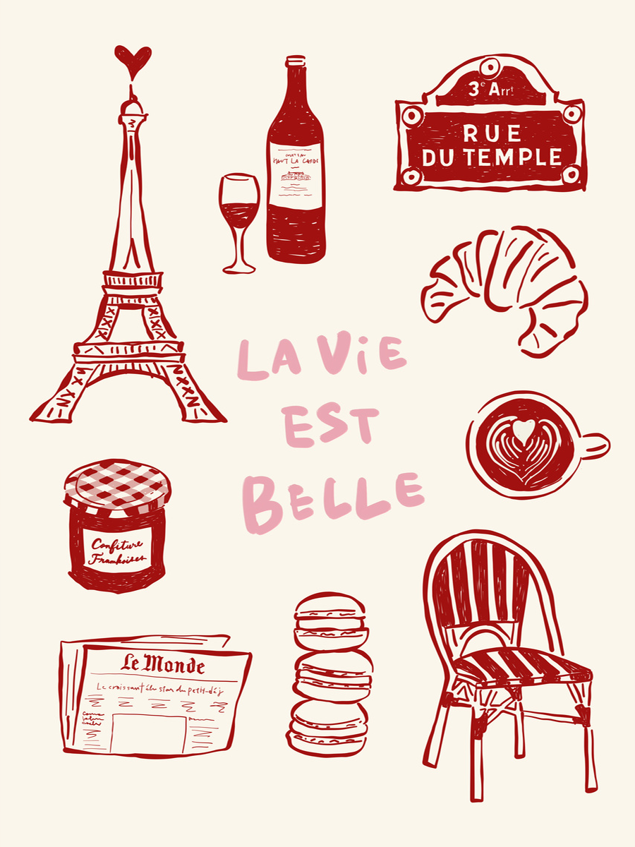 Illustration von Paris mit Eiffelturm, Croissants, Makronen und dem Text 'La vie est belle' auf beigem Hintergrund.