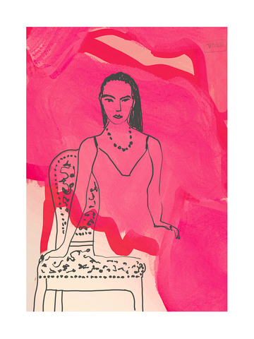 Illustration einer Frau auf einem Stuhl vor einem pinkfarbenen Hintergrund.