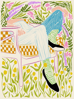 Illustration einer Person, die in einem Garten auf einem Stuhl sitzt, umgeben von bunten Blumen und Pflanzen.