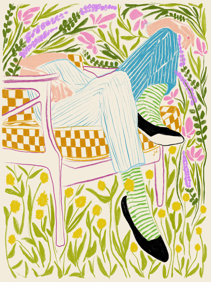 Illustration einer Person, die in einem Garten auf einem Stuhl sitzt, umgeben von bunten Blumen und Pflanzen.