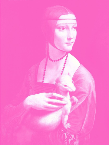 Frau mit Hermelin in leuchtendem Pink gehalten.