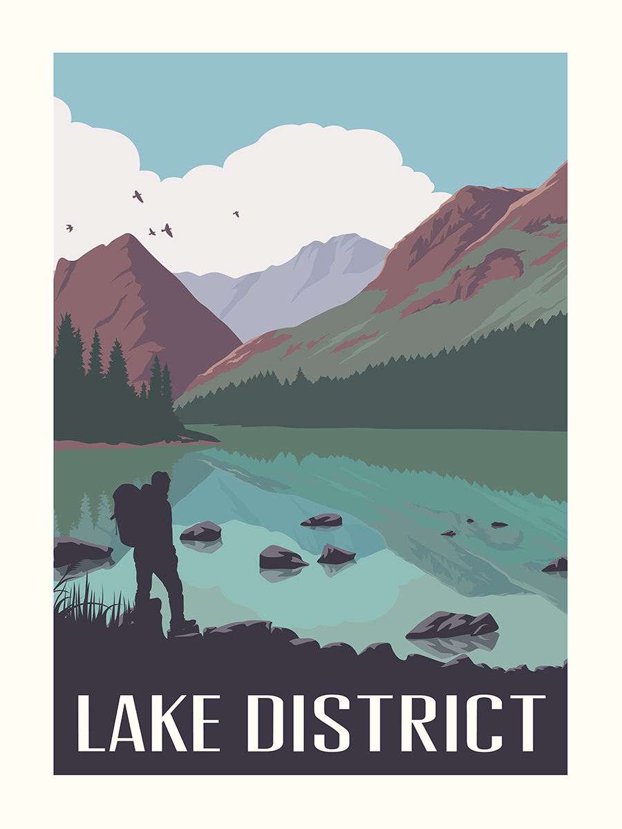 Grafische Illustration eines Sees mit Bergen und einem Wanderer im Vordergrund, Text "Lake District" am unteren Rand.