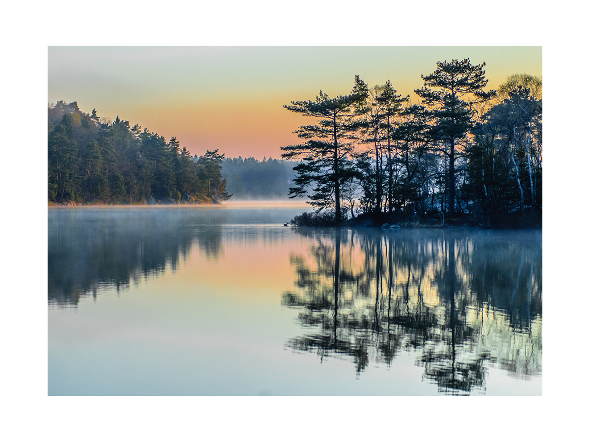 Fotografie eines ruhigen Sees mit Bäumen und Himmel, der sich im Wasser spiegelt.